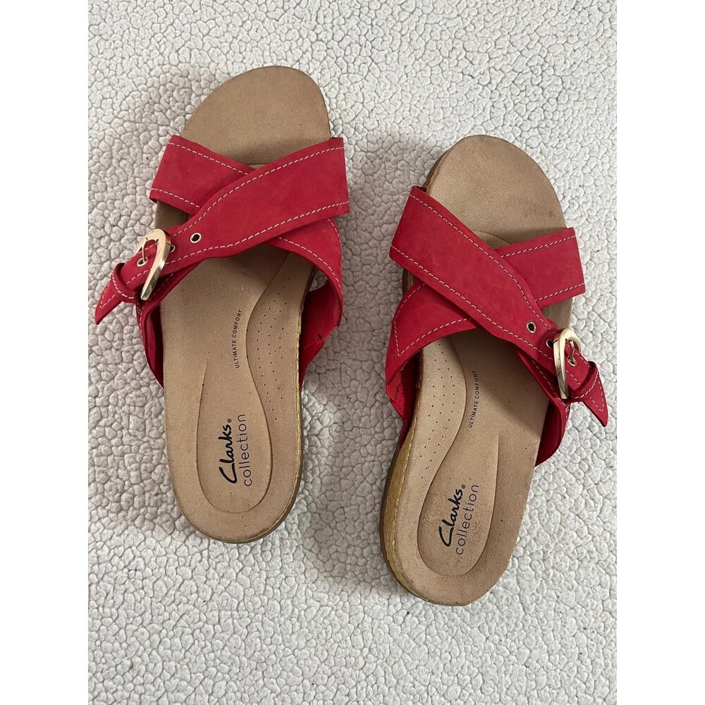 Clarks Collection Leather Slide Sandals Reileigh May Buckle Red Size 10